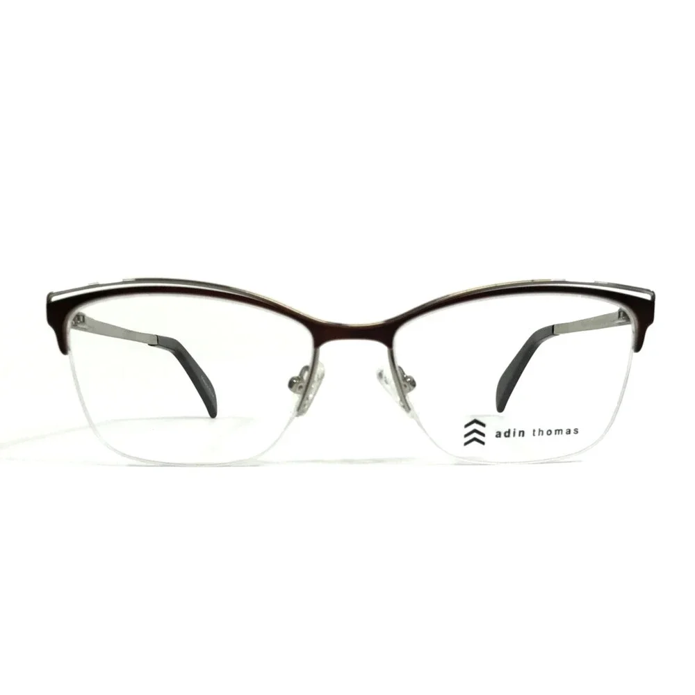 Adin Thomas Eyeglasses Frames AT-426 C2 Brown Silver Cat Eye Half Rim 52-16-135